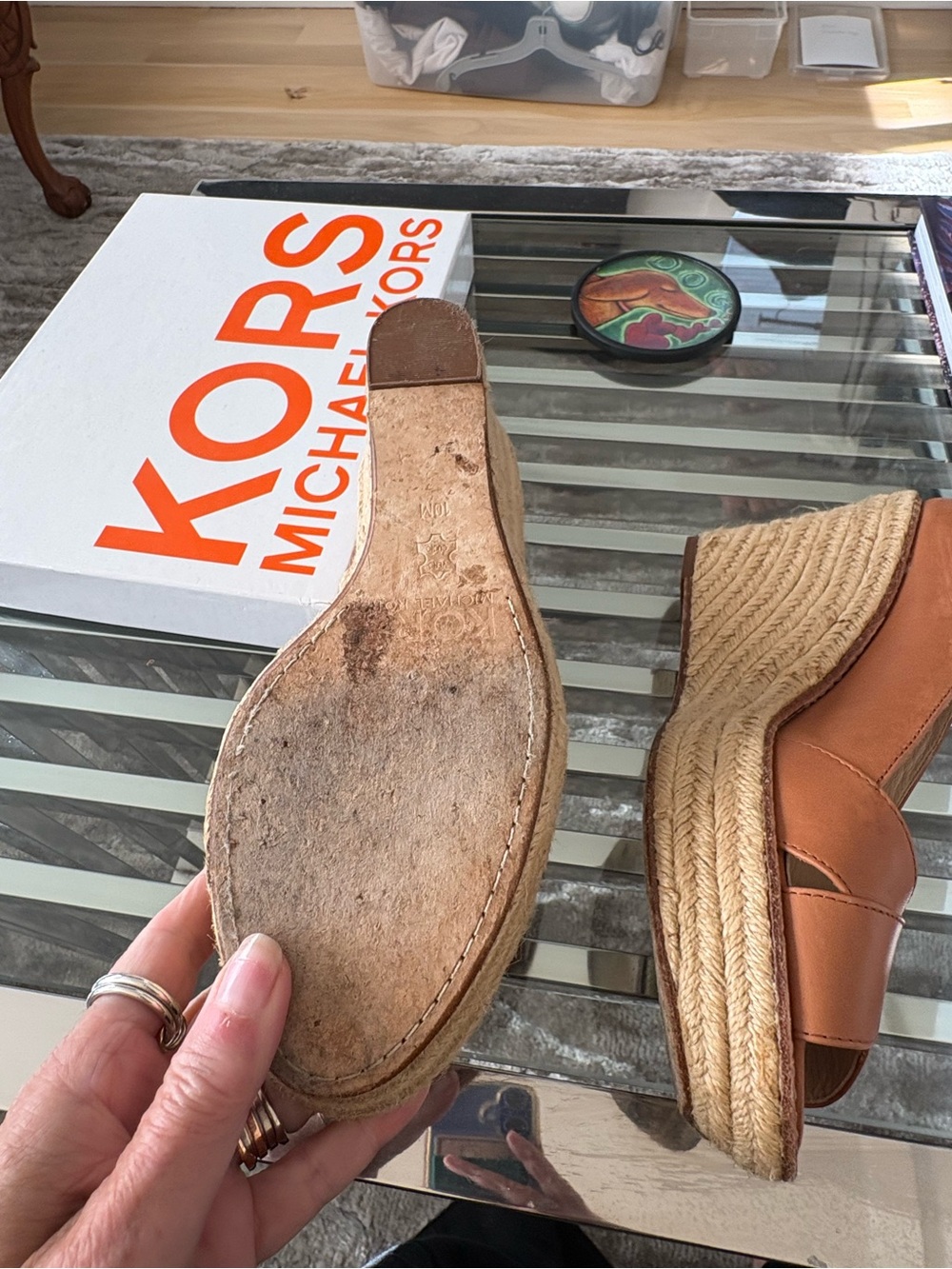 Michael Kors Cognac Leather size 10 M luggage Peep-Toe Espadrille Wedges - Picture 4 of 6